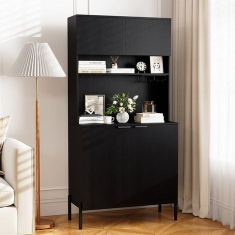 Meuble de rangement cuisine noir avec station de charge, porte-verres et étagère réglable pour cuisine, salle à manger et salon (1/5)