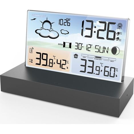 Station Météo Électronique Design Verre Transparent, Réveil avec Prévisions 12H, Capteur Extérieur Sans Fil 433MHz, Température Humidité Pression, Écran Couleur (1/4)