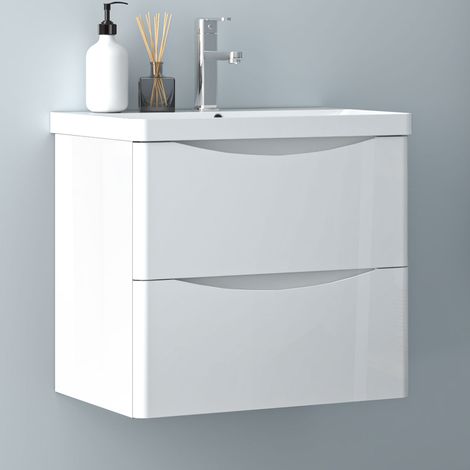 Wall Mounted Bathroom Vanity Unit with White Basin,2 Soft Close Drawers Bathroom Suite with Vanity Unit-600mm Gloss White (Type A) (1/5)