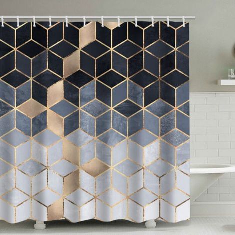 Blue Gradient Shower Curtain, Modern Geometric Shower Curtain Set, Gold Cubic Lines Set for Bathroom (1/4)