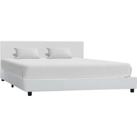 Lit adulte simili cuir blanc et pieds bois massif noir Nyam 160x200 (1/5)