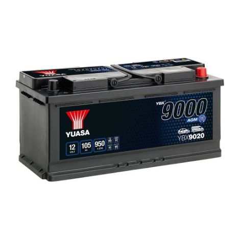 Yuasa – Batterie de voiture AGM 12V 105Ah 950A – YBX9020 – Technologie sans entretien pour systèmes Start/Stop – Longueur 393mm (1/4)