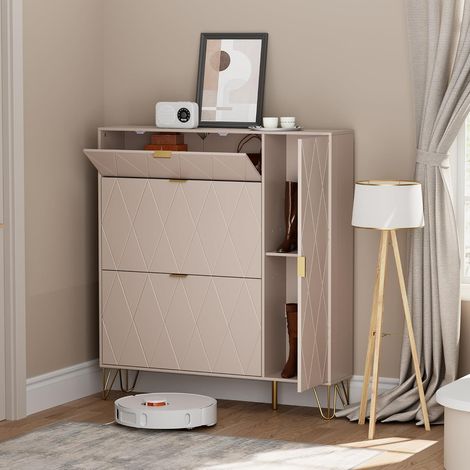 UEV Scarpiera Salvaspazio con 3 Ante a Ribalta, Scarpiera Ingresso da Portascarpe, Porta Scarpe per 16 Paia in Legno Ingegnerizzato Robusto, 105 x 24 x 120 cm, Beige Mocca (1/5)