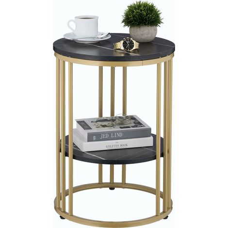 Relaxdays Beistelltisch Marmoroptik, 2 Ablagen, für Wohnzimmer, Metall & MDF, Sofatisch rund, HxD 56x40 cm, schwarz/gold (1/5)