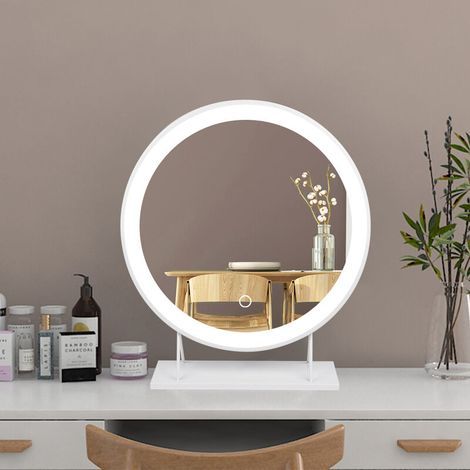 Miroir grossissant, Grand miroir de maquillage illuminé avec miroir de courtoisie à LED illuminé, miroir à LED à intensité variable, miroir rond rotatif, miroir de beauté à LED de bureau, Blanc (1/5)