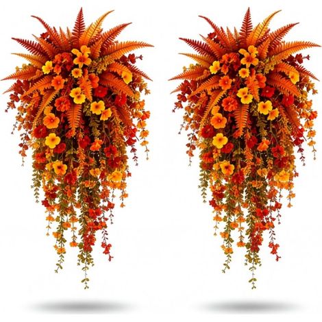 Panier suspendu artificiel Irovami, décoré de fleurs d'automne réalistes et de lianes retombantes de 75 cm, sans entretien, pour intérieur et extérieur (porche, etc.), lot de 2. (1/5)