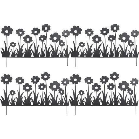 Lot de 4 Bordures Décoratives de Jardin en Métal Noir à Planter 111 x H 65 cm - Motif Fleurs - Livraison gratuite