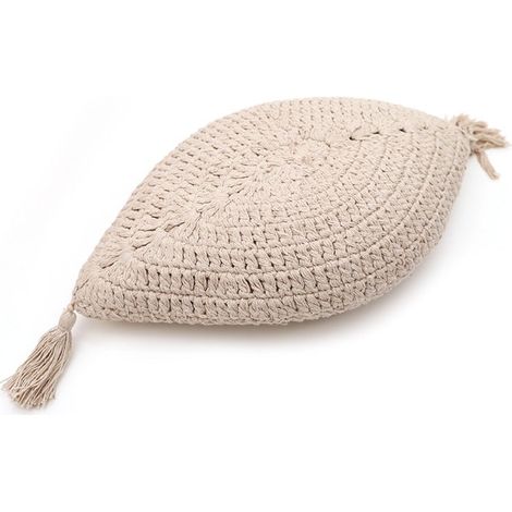 Coussin Décoratif en Crochet Style Bohème Écru avec Deux Grands Pompons pour Lit et Canapé - PANGIVO (1/5)