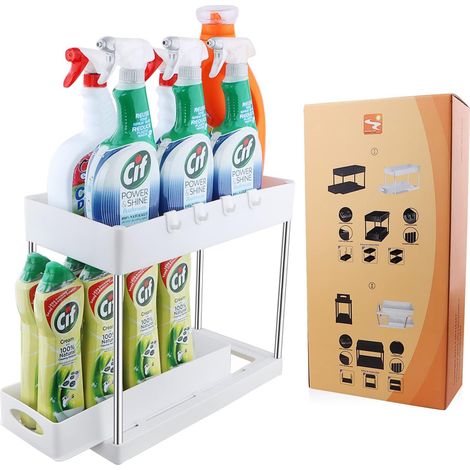 Kitchen Storage, Kitchen Storage and Organization, Bathroom Storage, Bathroom Shelf, Kitchen Spice Rack, 2 Tier Pull Out Under Sink Storage(White) (1/5)