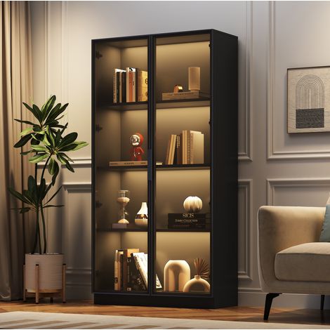 Vetrina 80x40x160 cm con luci LED controllabili da app, ante in vetro con telaio in alluminio, pannello truciolare nero (1/5)