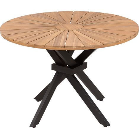 Mesa de jardín de madera de acacia clara con tablero de listones redonda de 110 cm Cissone (1/5)