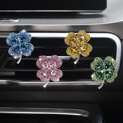 Set universale di 4 morsetti scintillanti per bocchette dell'aria condizionata dell'auto - morsetto a quattro foglie color lavanda con imitazione di diamante in cristallo - ciondoli portafortuna per a (1/2)