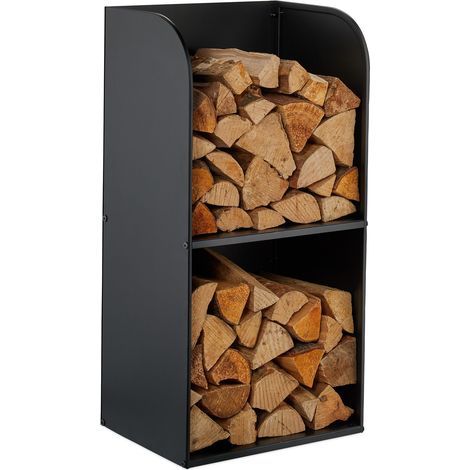 Estante para leña Relaxdays, 80 x 40 x 30 cm, 2 compartimentos, estantería para leña, hierro, negro