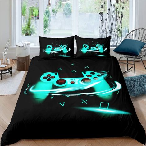 Garçons Gamepad Housse de Couette Joueur Jeu Vidéo Gamepad Parure de Lit 220x240cm Géométrique Grille Triangle Cercle Parure Housse de Couette Jeux Jeu Manette 3 pièces Noir Bleu - 220x240 cm (1/5)