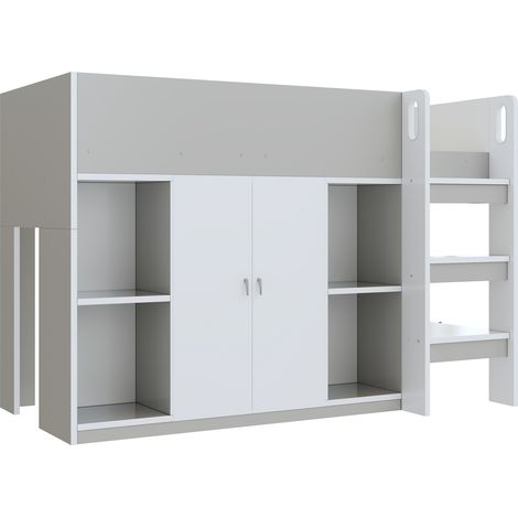 Cama alta infantil 90 x 200 cm con armario, estantes y escalera, gris y blanco (1/5)
