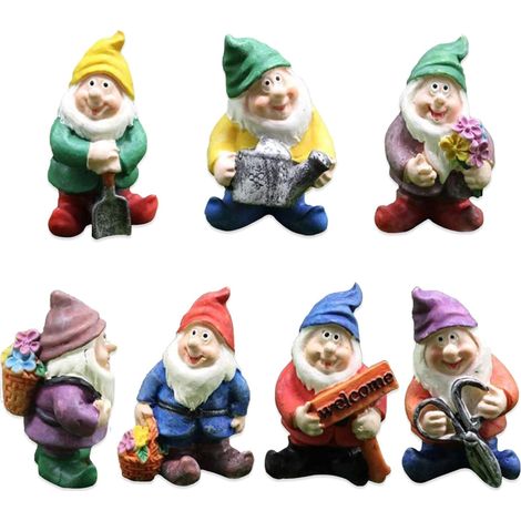 7 figurines nains de jardin, gnomes fées miniatures, décorations mignonnes pour table et jardin. (1/5)