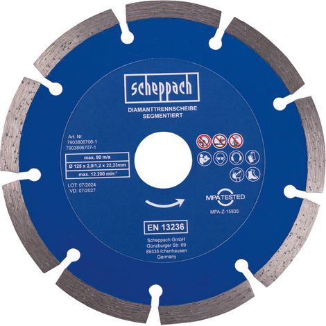 Scheppach Disque diamant pour meuleuse - Ø 125 mm - Alésage 22,23 mm - Largeur de coupe 1,2 mm - Pour béton, crépi et briques