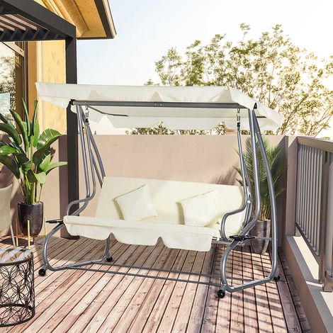 Balançoire plate-bande jardin 3 places toit réglable 2 porte-gobelets - Dimensions: 200x120x164 cm - Couleur: Crème