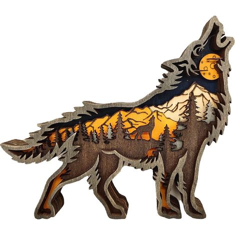 Sculpture En Bois - Loup - Décoration Bureau Salon Étagère - 16 x 14 x 2,5 cm - 1 Pièce (1/5)
