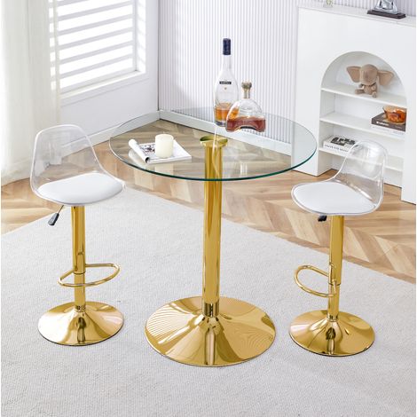 Table de bar ronde en verre 89 cm avec 2 tabourets transparents réglables et pivotants, base métal doré, style moderne gain de place CHICFURN (1/5)