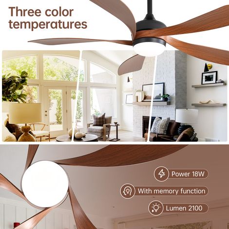 Ventilateur de plafond moderne Sofucor 132 cm, intérieur/extérieur, avec éclairage et télécommande, marron — vue 3