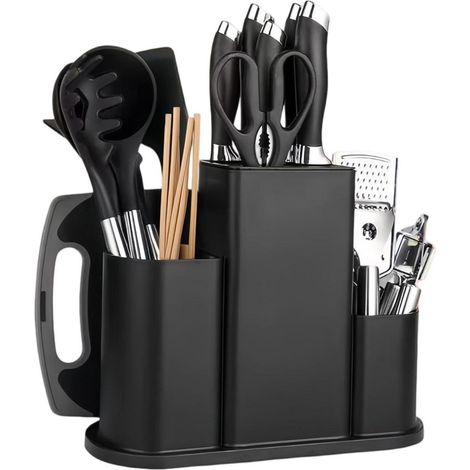 4-in-1 Messerblock Schwarz mit Utensilienfächern & Abflusslöchern (1/4)