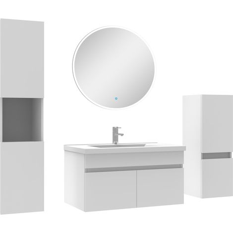 Meubles simple vasque 80cm,meuble acve colonne et miroir rond Blanc