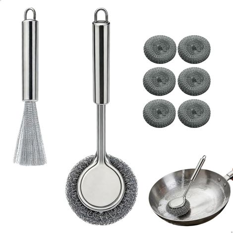 Brosse Vaisselle 2-en-1 en Acier Inoxydable, Lot de 6 Têtes de Rechange, Brosse Longue 27cm et Petite Brosse 21cm pour Cuisine Salle de Bain Extérieur (1/5)