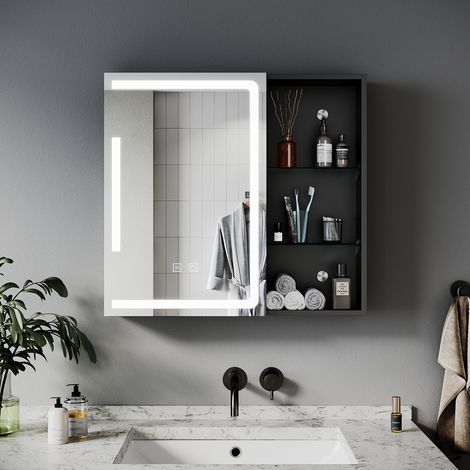 SIRHONA Armoire murale de salle de bain avec prise rasoir 3 modes d'éclairage 650x600mm Armoire de salle de bain design à rangement ouvert — vue 2