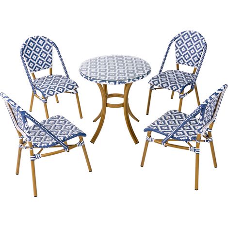 Conjunto de comedor de jardín 4 plazas tablero de ratán PE blanco y azul mesa ø 70 y 4 sillas apilables de aluminio Rifreddo