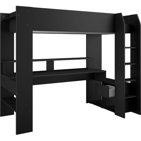 Lit surélevé 90x200 noir avec étagères et bureau gaming + leds - PLAYIT (1/5)