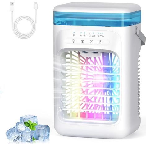 Climatiseur Mobile 1000 ml, Refroidisseur d'air 4 en 1, Climatiseur Portable avec 3 Vitesses, Veilleuse 7 Couleurs, Minuteur 2-4H, Ventilateur Brumisateur pour Chambre à Coucher, Bureau, Salon [Classe (1/5)