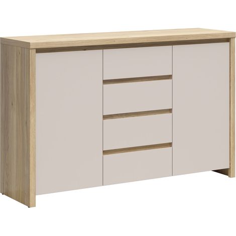 Commode meuble de rangement 2 portes et 4 tiroirs coloris Chêne mauvella/cachemire - Longueur 144 x Profondeur 40,5 x Hauteur 92 cm (1/5)