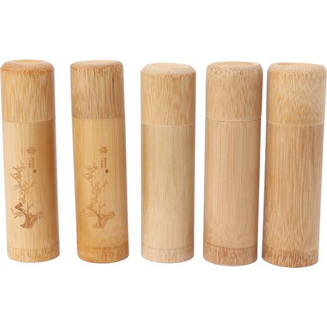 Lot de 5 boîtes à thé de voyage en bambou de 12 cm de long, contenants pour thé, café en grains, noix : 2 boîtes à motif fleur de prunier et 3 boîtes vierges. (1/5)