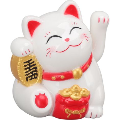Chat porte-bonheur chinois décoratif, bras agité, lampe solaire à induction, figurine pour la maison ou la voiture, assis de côté, blanc (1/5)