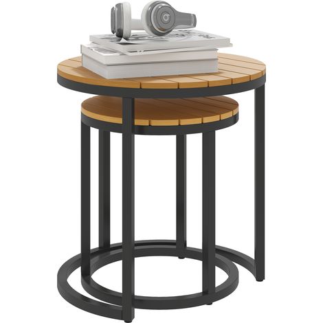 Jeu de 2 tables de jardin acacia avec plateau à lattes, cadre en acier, pieds réglables, teck