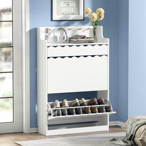 Wooden Narrow Shoe Cabinet with 2 Pull-Down Drawers, Dust-Proof Space-Saving Slim Cupboard for Entryway Hallway