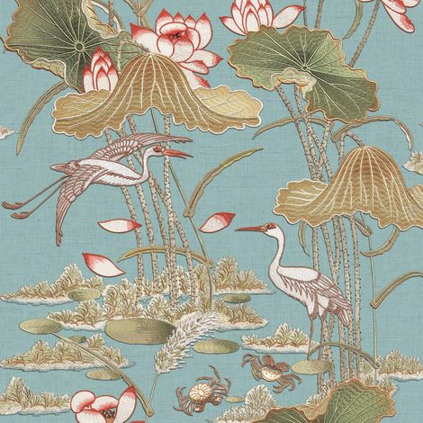 Design ID Teal Lotus Pond Wallpaper Crane Lily Pads Silk Textured Paste The Wall (1/4)
