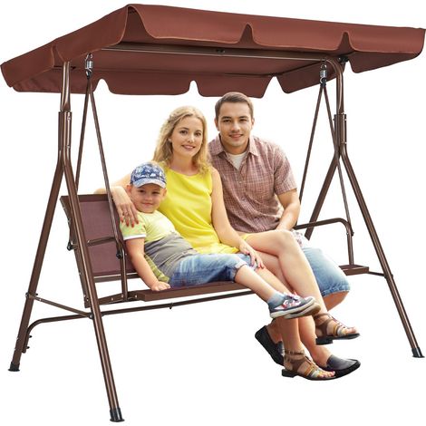 Balancelle de terrasse 3 places, balançoire d'extérieur avec auvent réglable de porche, accoudoirs, tissu Teslin, cadre en acier allié pour balcon, cour, patio, jardin, bord de piscine, marron (1/5)