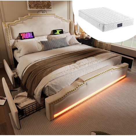 letto matrimoniale 160x200 con LED USB cassetti beige OKMYHOME (1/5)