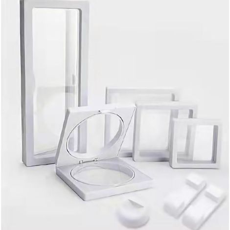 Coffret de rangement bijoux en film PE transparent, cadre flottant 3D pour présentation, boîtier d'exposition blanc 7 x 7 x 2 cm (1/3)