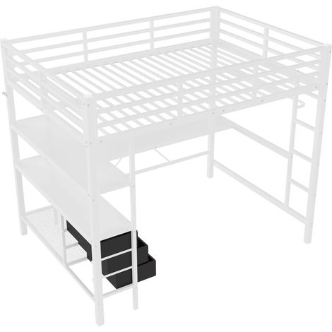 Letto a soppalco 140 x 200 cm bianco in metallo e MDF con scrivania LED USB 3 cassetti (1/5)