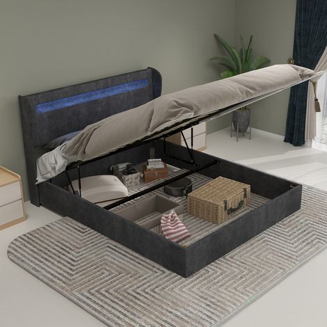 REDOM Lit coffre 140x200 cm avec éclairage LED intégré, tissu et métal, sommier relevable, gris (Sans matelas) (1/5)