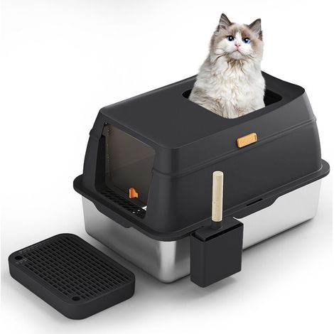 Katzentoilette aus Edelstahl mit Deckel, Katzentoilette mit Fronteinstieg und Ausgang von oben, extra große geschlossene Katzentoilette aus Metall mit Schaufel und Katzenstreumatte – Schwarz FLITI (1/4)