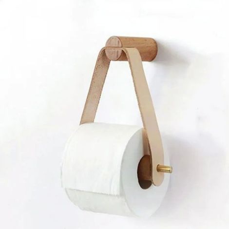 Porte-Rouleau Papier Toilette - Bois Naturel et Cuir - Design Triangle Vintage - Fixation Murale Sans Perçage - 1 Pièce (1/3)
