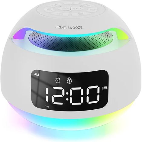 Horloge LED portable, radio FM, récepteur radio avec éclairage couleur RVB, enceinte Bluetooth sans fil avec double fonction réveil, compatible avec les cartes TF et l'interface USB. (1/5)