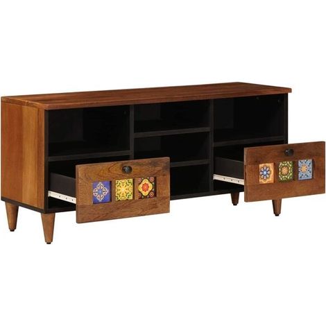 Meuble TV en Bois Massif de Manguier, Couleur Noyer, 100 x 33 x 46 cm, Console Basse Moderne pour Salon (1/5)