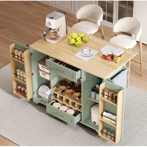 Carrello cucina pieghevole, isola su ruote, 138 x 45/70 x 92 cm, verde HAVRYA (1/5)