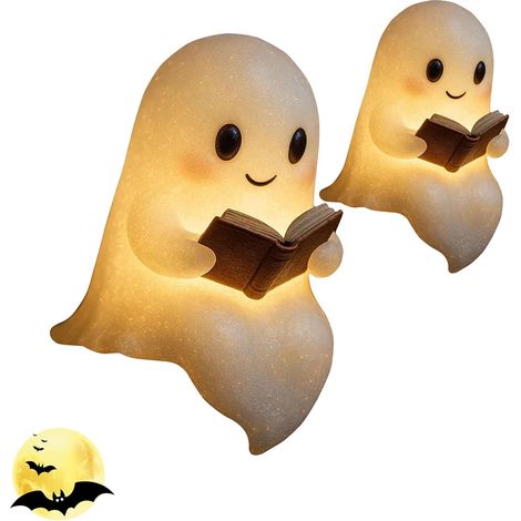 Jolie veilleuse fantôme de lecture – Figurine d'Halloween en résine alimentée par piles, lampe de table effrayante LED sans fil pour chambre à coucher, étagère ou cheminée, cadeau unique pour les (1/5)