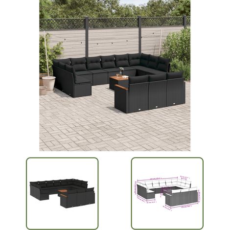 The Living Store 14-tlg. Garten-Sofagarnitur mit Kissen Schwarz Poly Rattan - Gartenmöbel Set - Esstisch - Lounge Möbel - Rattan Gartenmöbel - Outdoor Sofa (1/3)